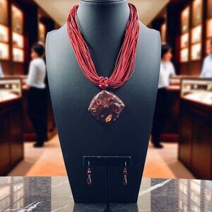 Boho Statement Necklace Earrings Set Red Gem Chunky Pendant Festival Jewelry